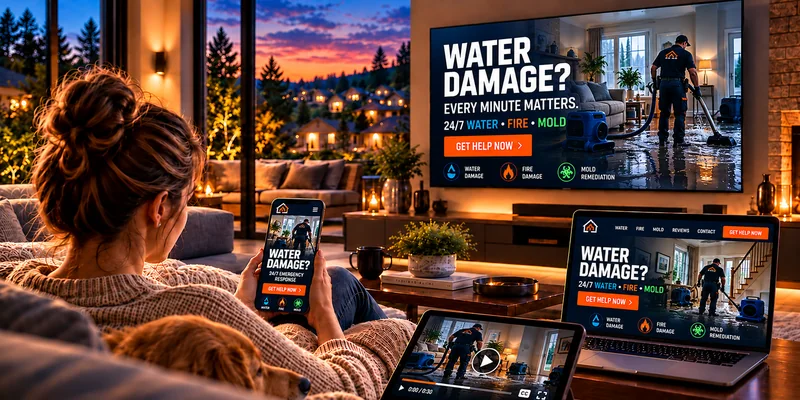 A homeowner surrounded by the same local water-damage ad across phone, laptop, tablet and TV
