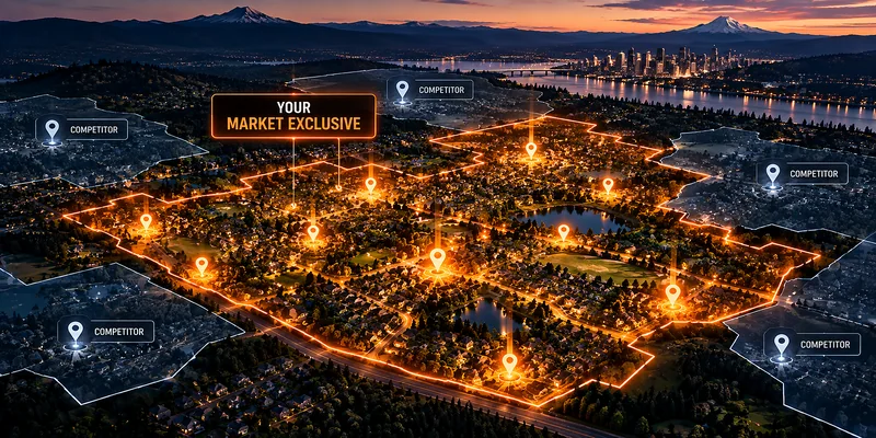 Aerial view of a suburban market at sunset with an exclusive restoration territory outlined in gold, surrounded by competitor zones