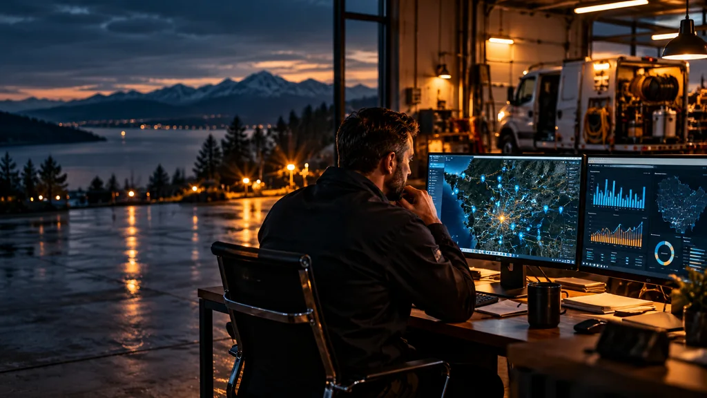 Restoration company owner reviewing local market demand and digital marketing signals across a service area