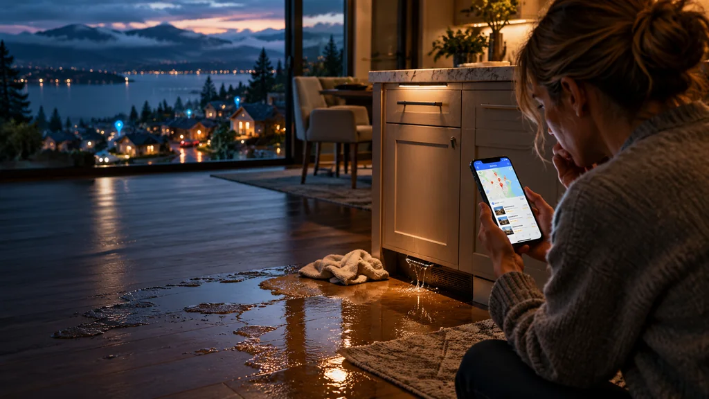 Homeowner with an active water loss using a phone while restoration demand signals appear across the local market