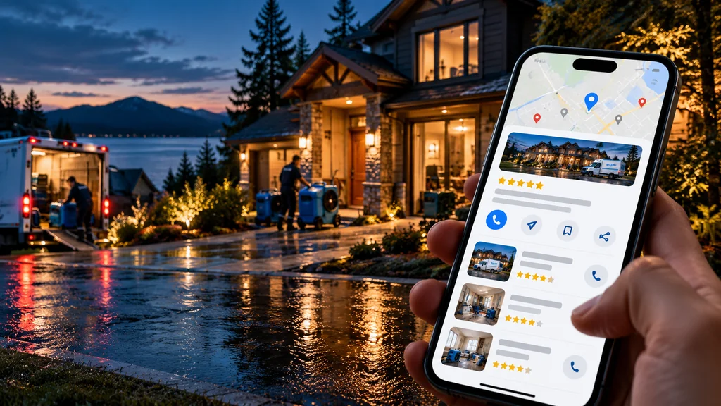 Water damage restoration company shown prominently in a local map and business profile search experience