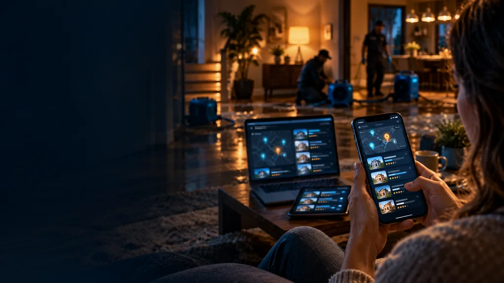 Homeowner using an AI assistant to compare local restoration companies while trusted sources and reviews connect in the background