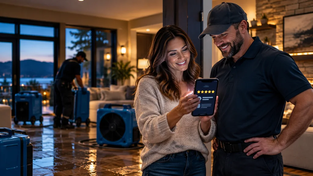 Restoration technician and homeowner after a completed job while an authentic five-star review appears on a phone